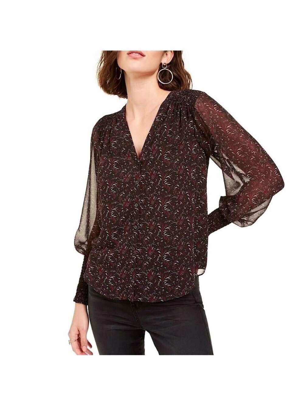 1.State Smocked Cuff Button Up Blouse